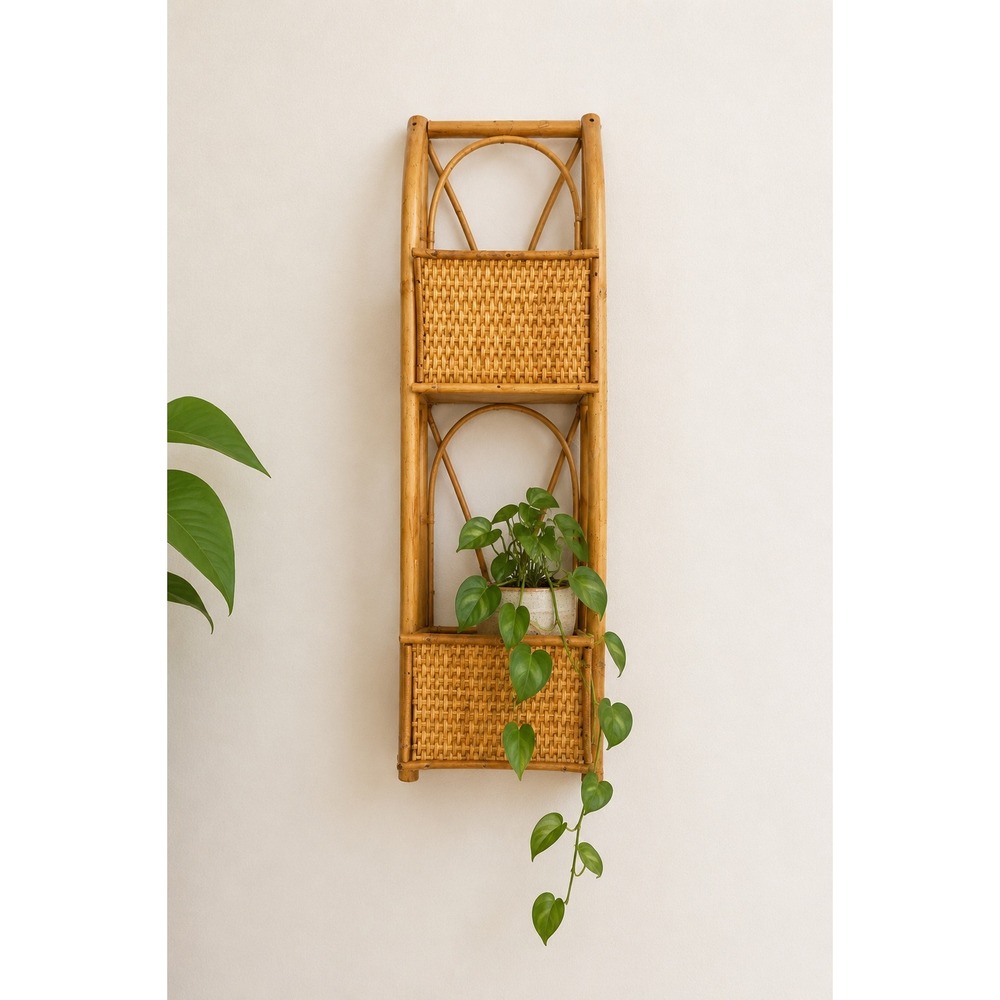 Vintage Bamboo Rattan Wall Shelf 2 Tier Boho Woven Hanging Plant Stand 20in